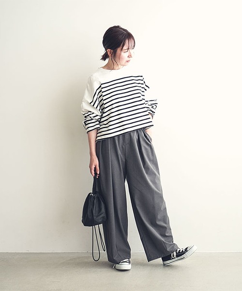 ワイドパンツ スラックス パンツ タックパンツ レディースの画像