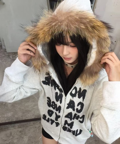 冬アウター 白 ファーパーカー フード Y2K ギャル系 ジップアップ gossip!ロサンゼルス パーカー Y2K 「秋冬新作」ファー付きフード
