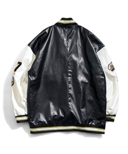 BALL BASIC ブラック レザー 刺繍 カレッジロゴ デザイン スタジャン