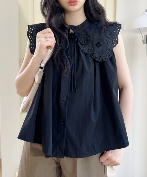 Ada. ブラウス シャツ レース ビッグ カラー ノースリーブ トップス