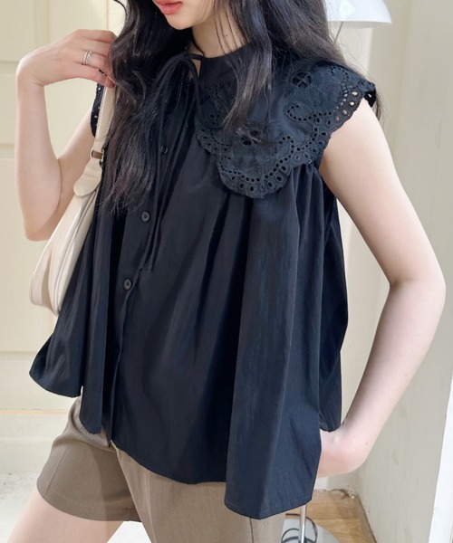 Ada. ブラウス シャツ レース ビッグ カラー ノースリーブ トップス