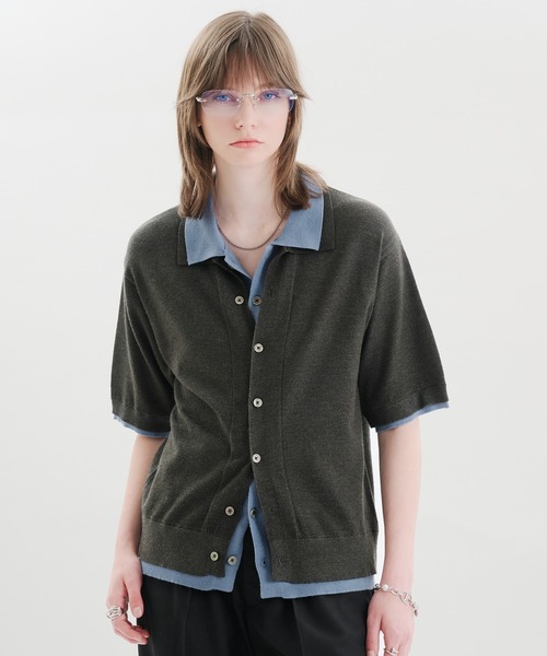 Blu Bre半袖ニットシャツ　ブラック　XL シルク混 selle glant（セレグランテ） シャツ 半袖 LAYERED STYLE SUMMER KNIT