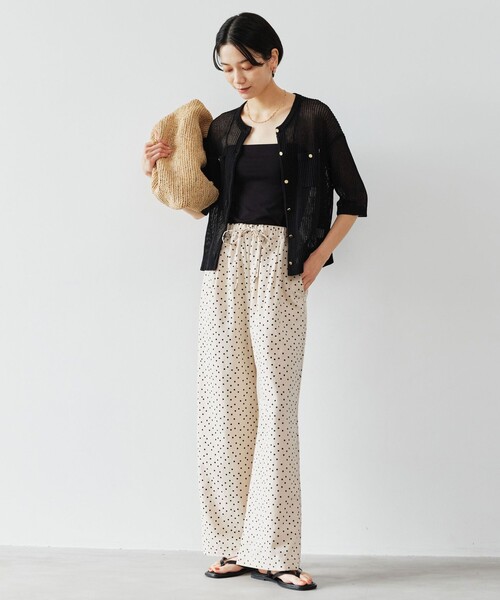 ワイドパンツ パンツ BREEZE LINEN ブリーズリネン ワイド パンツ オフホワイト ドット レディースの画像