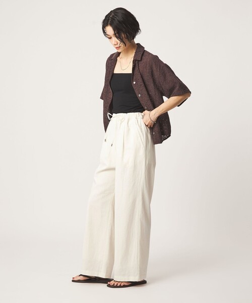 ワイドパンツ パンツ BREEZE LINEN ブリーズリネン ワイド パンツ オフホワイト ドット レディースの画像