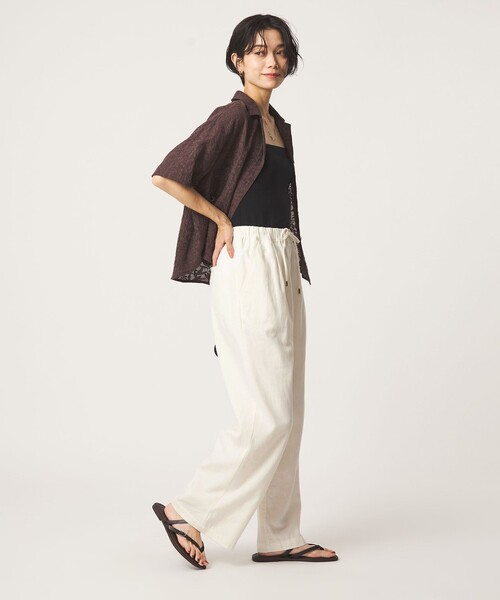 ワイドパンツ パンツ BREEZE LINEN ブリーズリネン ワイド パンツ オフホワイト ドット レディースの画像