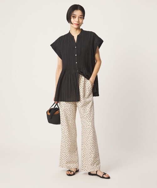 ワイドパンツ パンツ BREEZE LINEN ブリーズリネン ワイド パンツ オフホワイト ドット レディースの画像