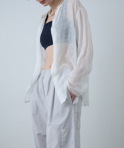 CALMERカルメール　リネン　メッシュリブブラウス　白 完売品 CALMER（カルメール） リネンシャツ ブラウス シャツ LINEN MESH SHIRT