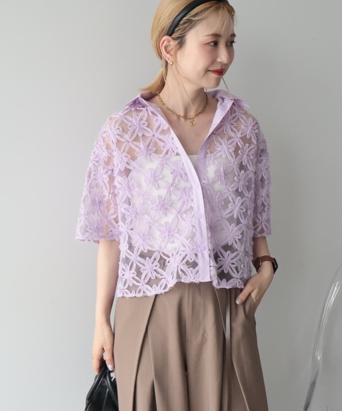 アドーア 高級レース 刺繍 ブラウス 半袖 紫 ピンク 花柄 シアー 38 AMERICAN HOLIC（アメリカンホリック） ブラウス シャツ 夏 半袖