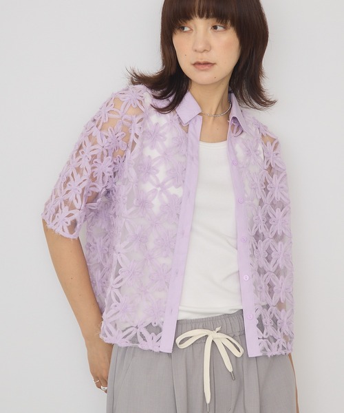 アドーア 高級レース 刺繍 ブラウス 半袖 紫 ピンク 花柄 シアー 38 アドーア 高級レース 刺繍 ブラウス 半袖 紫 ピンク 花柄 シアー 38