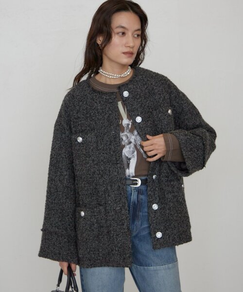 Loungedressツイードジャケット黒ポケット付き Loungedress（ラウンジドレス） ジャケット ノーカラージャケット