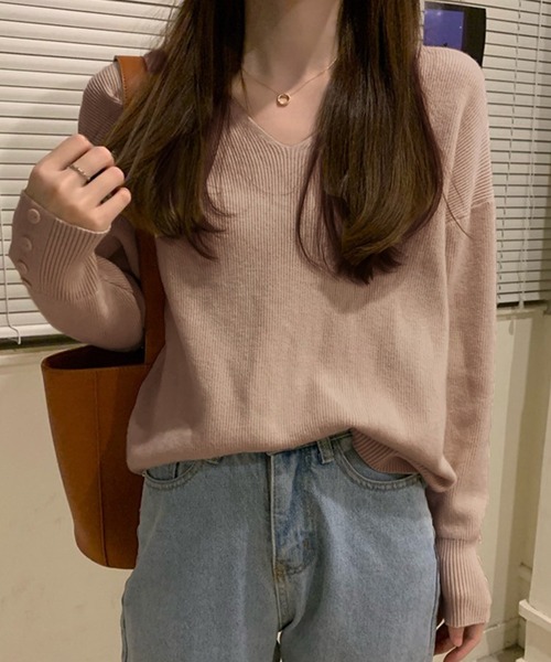 Girly Doll ニット セーター 袖ボタンVネックリブニット