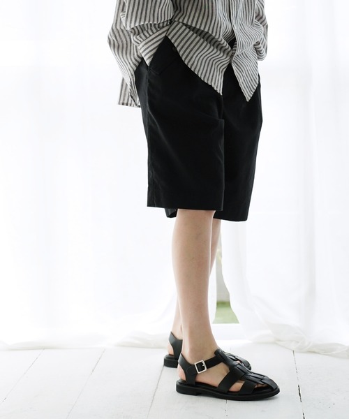 ハーフパンツ ワイドパンツ パンツ 綿麻 フロント ツータック ショート