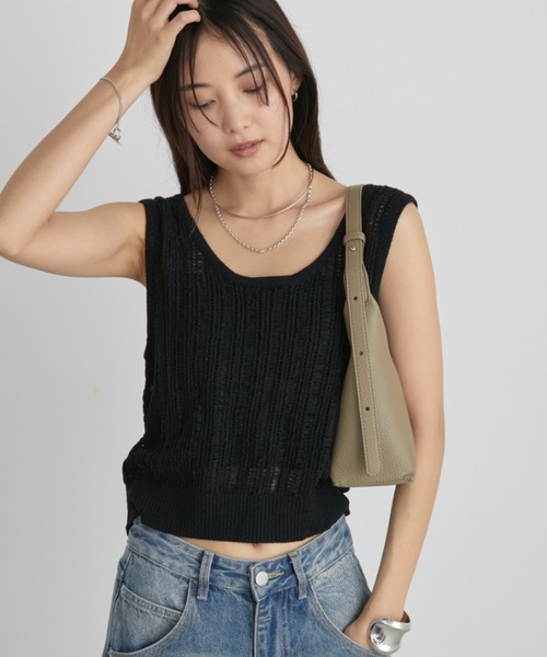 メッシュノースリーブベスト ブラック Aunt Marie's ベスト ジレ メッシュノースリーブトップス
