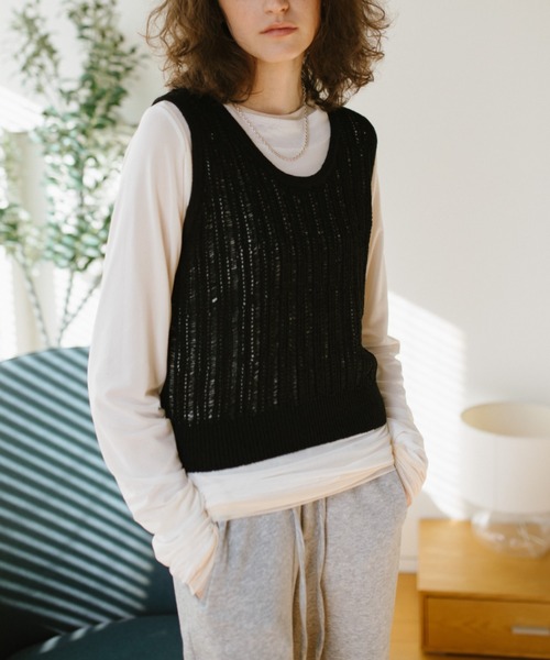 メッシュノースリーブベスト ブラック Aunt Marie's ベスト ジレ メッシュノースリーブトップス