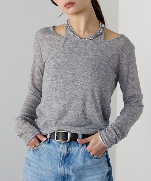 r. tシャツ シアーリブ レイヤード風トップス レディース