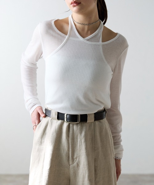 r. tシャツ シアーリブ レイヤード風トップス レディース