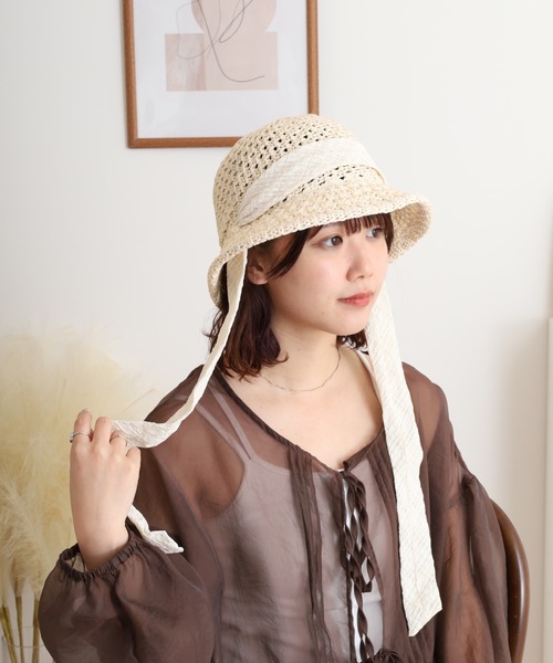 夏らしい綿麻素材 つばを折り返してもOK☆Hermes\tGaelleハット 春夏 帽子 レディース つば広 中折れ ハット ペーパー