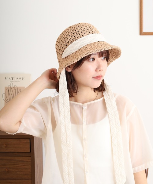 夏らしい綿麻素材 つばを折り返してもOK☆Hermes\tGaelleハット Sense of Grace 帽子 ハット つば先ワイヤー入り 透かし編み