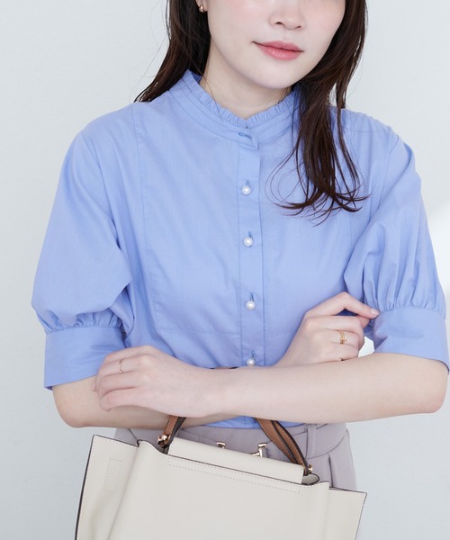 natural couture ブラウス シャツ パール釦ヨーク切替5分袖