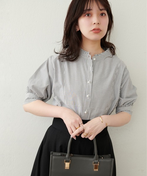 natural couture ブラウス シャツ パール釦ヨーク切替5分袖シャツ