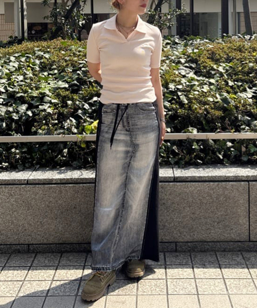 OPENYY◆FRONT JEAN EFFECT JERSEY SKIRT 韓国人気 デニムタイト OPENYY◇FRONT JEAN EFFECT JERSEY SKIRT 韓国人気 デニムタイト