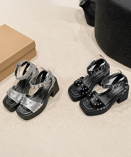 PIPPICHIC スタッズ 厚底 レザー サンダル 37 黒 チャンキーヒール miniministore（ミニミニストア） 厚底 サンダル スタッズ 厚底