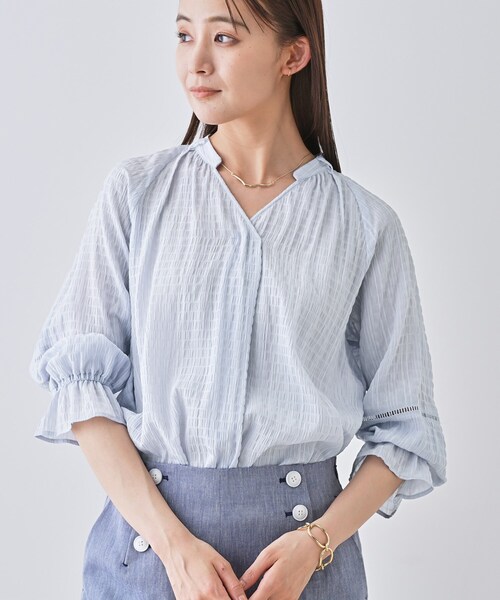 ブラウス シャツ 「洗える／シャーリング素材」ボリューム袖エアリーブラウス レディース INDIVI ブラウス シャツ 「洗える／シャーリング素材