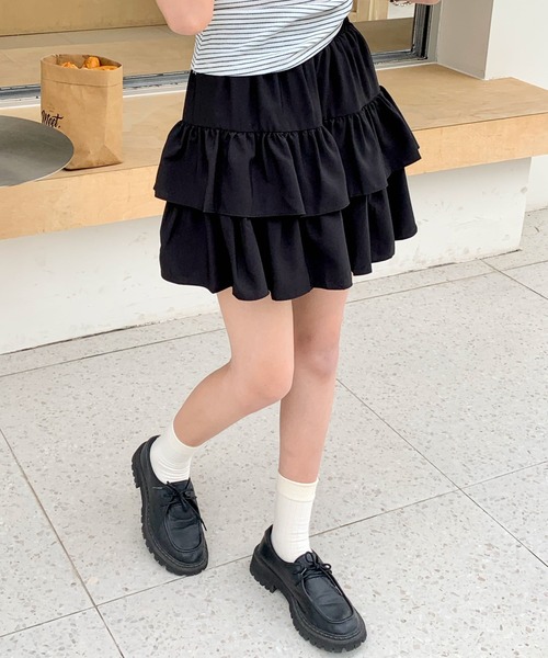 スカート ダブルフリルティアードミニスカート インナーパンツ