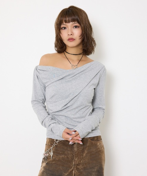 【未使用】HER. オフショルダーボリュームスリーブカットトップス black 2color 】オフショルダーショートスウェットライクトップス