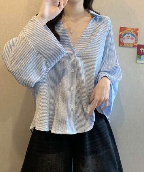 ブラウス シャツ ストライプ柄 V ネック ビッグスリーブ レディース