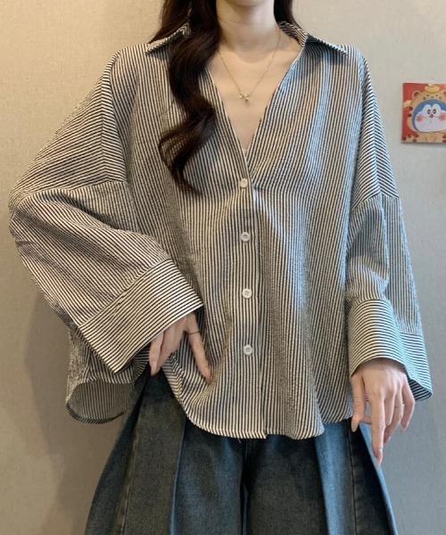 ブラウス シャツ ストライプ柄 V ネック ビッグスリーブ レディース