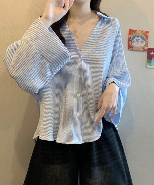 ブラウス シャツ ストライプ柄 V ネック ビッグスリーブ レディース