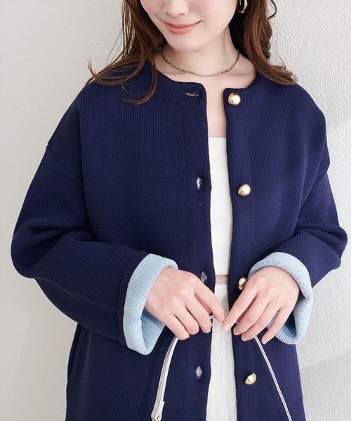 natural couture 配色プレーティングポリニットカーデ　新品タグ付 natural couture カーディガン 配色プレーティングポリニットカーデ