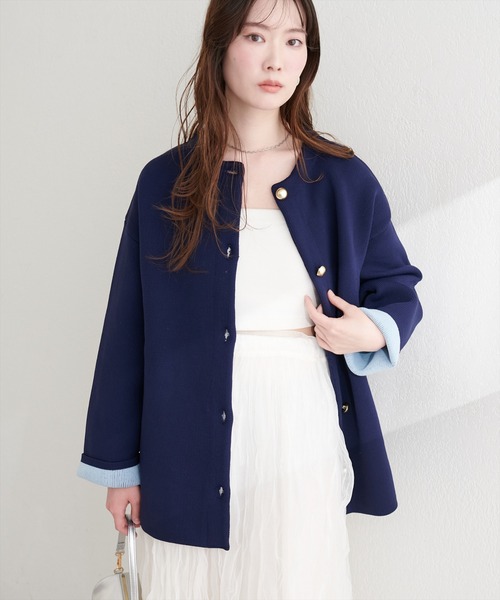 【新品】配色プレーティングポリニットカーデ　ナチュラルクチュール natural couture カーディガン 配色プレーティングポリニットカーデ