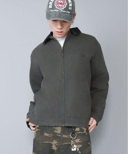 ダック地フルジップデトロイトジャケット 企業刺繍ロゴ中綿ショート丈美品 SPINNS（スピンズ） ブルゾン アウター 「短丈」中綿ダック地