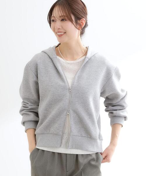 theory luxe ロゴプリントライトグレーフード付きダブルジップパーカー Reflect（リフレクト） パーカー ダブルジップドロップショルダー