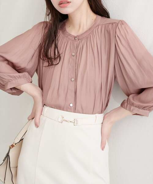 natural couture ブラウス シャツ とろみサテン7分袖ブラウス