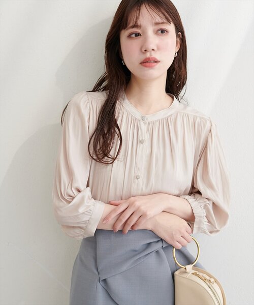 natural couture ブラウス シャツ とろみサテン7分袖ブラウス