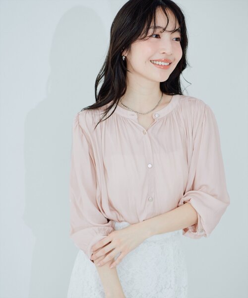 natural couture ブラウス シャツ とろみサテン7分袖ブラウス