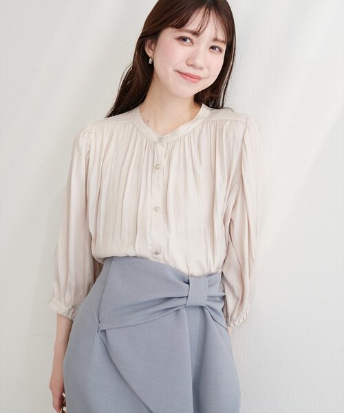 【ドゥーズィエムクラス】サテン　とろみ　ブラウス　5分袖　ブラウン　エブリディ natural couture ブラウス シャツ とろみサテン7分袖ブラウス