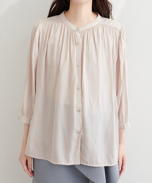natural couture ブラウス シャツ とろみサテン7分袖ブラウス