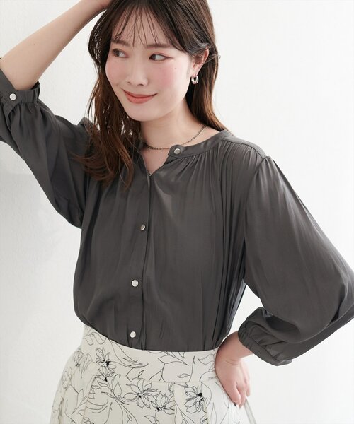 natural couture ブラウス シャツ とろみサテン7分袖ブラウス