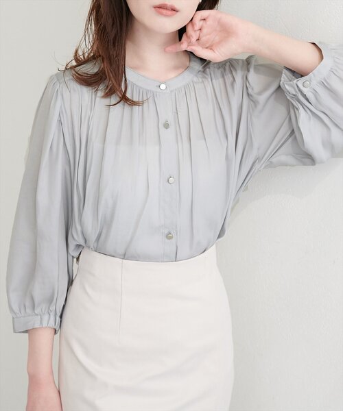 natural couture ブラウス シャツ とろみサテン7分袖ブラウス