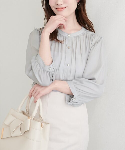 natural couture ブラウス シャツ とろみサテン7分袖ブラウス