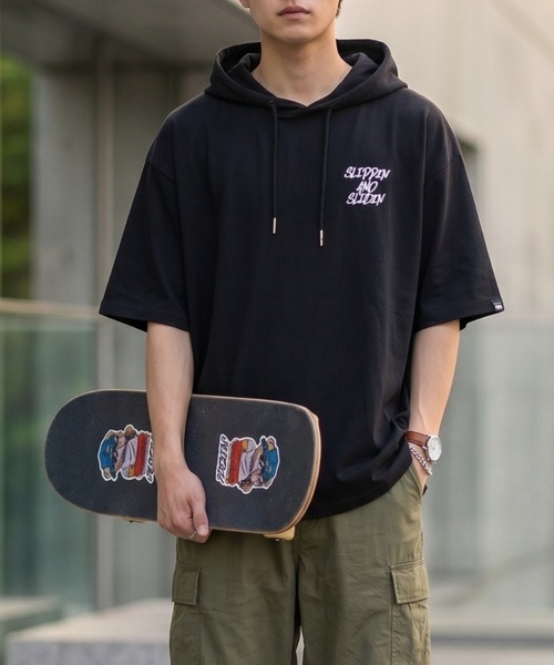 tシャツ クマバックプリント 半袖プルオーバーパーカー メンズ