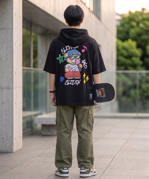 tシャツ クマバックプリント 半袖プルオーバーパーカー メンズ
