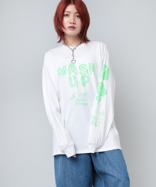 「RNA」 長袖カットソー MEDIUM ホワイト×ライム レディース_画像2