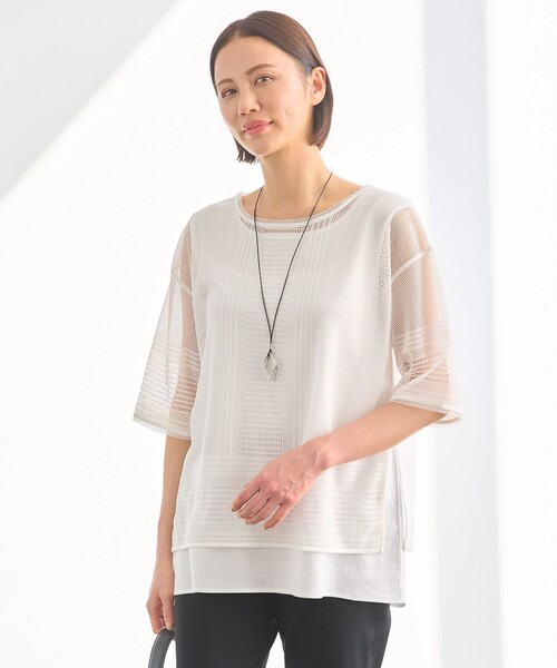 tシャツ 「洗える・XSサイズあり」レースEDGE Tシャツ＆インナータンクトップセット トップス レディース