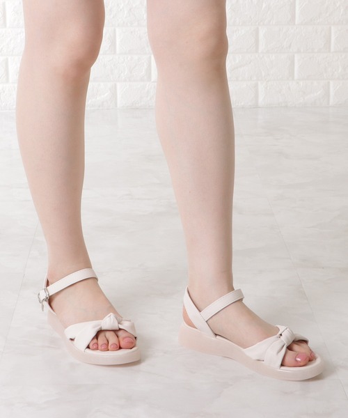   結びレザー プラットフォーム フラット サンダル Lace Ladies サンダル レザー調結びストラップサンダル