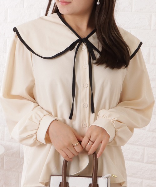 ブラウス シャツ レディース 婦人服 トップス セーラーカラー 長袖 パイピング ビッグカラー ステッチ 前ボタン おしゃれ かわいい 普段使い デイ Lace Ladies ブラウス シャツ パイピング配色ビッグセーラー
